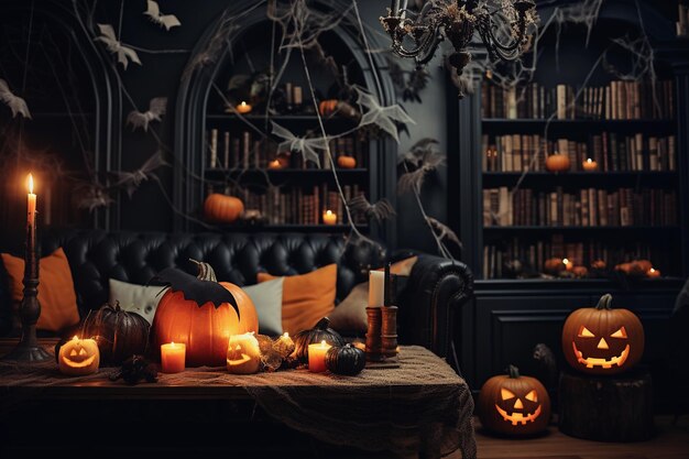 Interior da casa decorada para o Halloween com teias de aranha de abóboras e lanternas