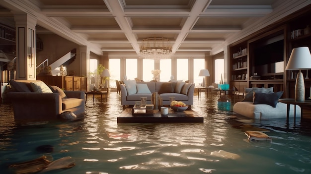 Foto interior da casa inundado com ilustração 3d de água generative ai