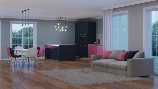 Interior da casa moderna. Cozinha rosa. Noite. Iluminação noturna. Fontes de luz artificiais. renderização 3D.