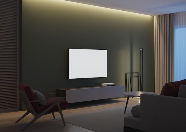 Interior da casa moderna Iluminação noturna Renderização em 3D da noite