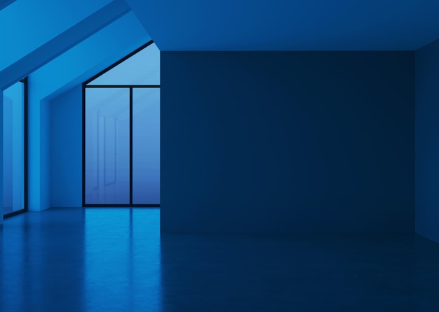Interior da casa moderna. Sala vazia. Iluminação noturna. renderização 3D.