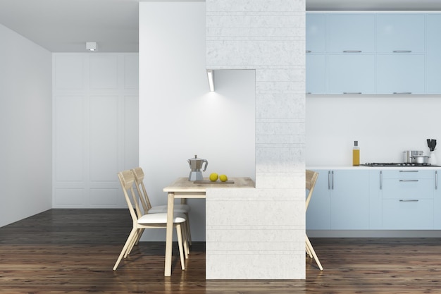 Interior da cozinha branca com piso de madeira escura e bancada azul. Uma mesa branca com cadeiras de madeira. simulação de renderização 3D