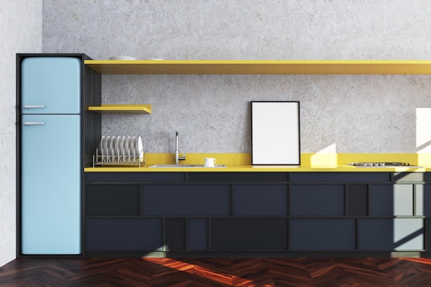 Interior da cozinha de concreto com piso de madeira, bancada azul escura e geladeira azul no canto. Um poster. simulação de renderização 3D
