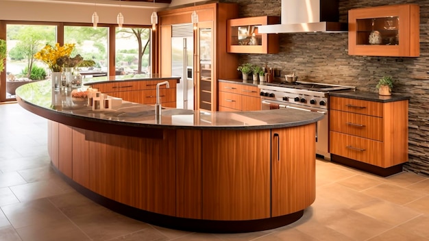 Interior da cozinha de luxo com bancada de madeira com estilo zen