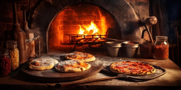Interior da cozinha do restaurante italiano com pizzas frescas de forno de tijolos a lenha tradicional e ingredientes sobre a mesa IA generativa
