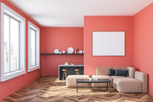 Interior da cozinha e sala de estar com paredes rosa, piso de madeira, bar cinza com banquetas, sofá bege em pé perto da mesa de centro cinza e pôster. simulação de renderização 3D