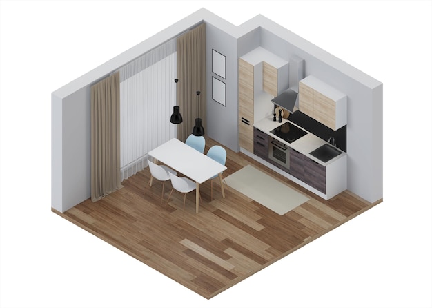 Interior da cozinha em estilo moderno. Interior em projeção ortogonal. Vista de cima. renderização 3D.