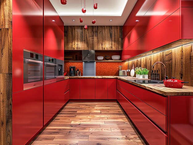 Foto interior da cozinha em tons vermelhos com alguns sotaques de madeira