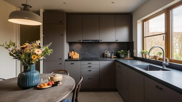 Interior da cozinha moderna, bancada escura e lavadora, gabinetes cinzentos