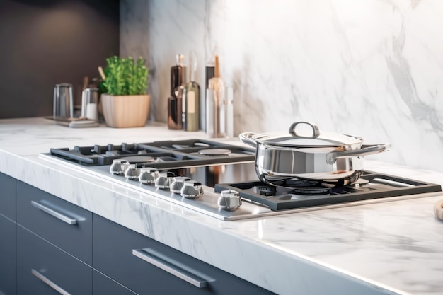 Interior da cozinha moderna com fogão a gás de mesa de mármore com panela