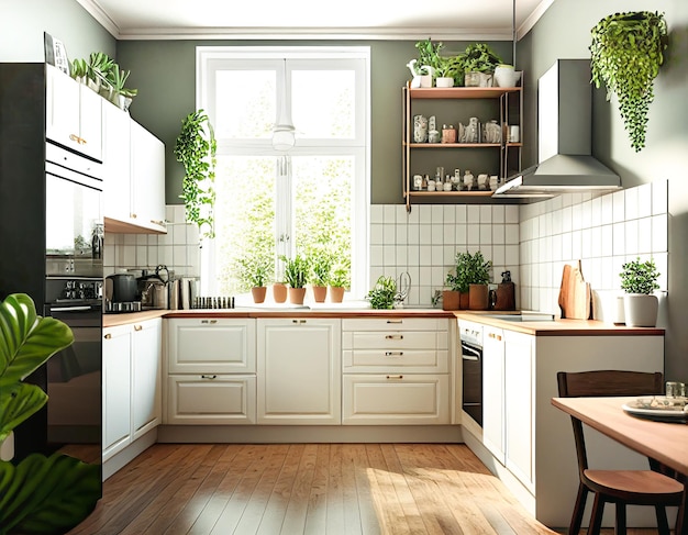 Interior da cozinha moderna com móveis brancos e bancadas de madeira armários prateleiras e armários vaso verde plantas grande janela ideias de design de casa de campo