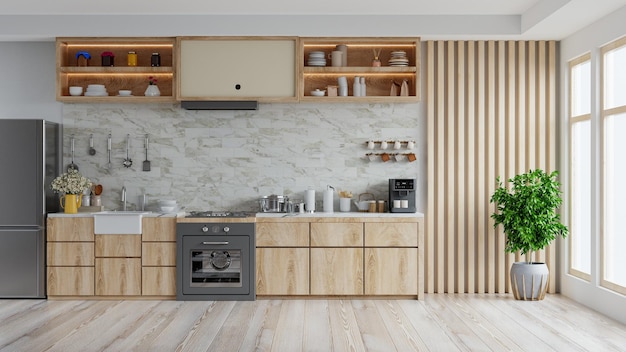 Interior da cozinha moderna com móveisinterior da cozinha com parede de azulejos