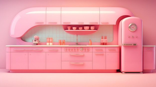 Interior da cozinha moderna da barbie rosa com geladeira e ilustração de renderização 3d da pia