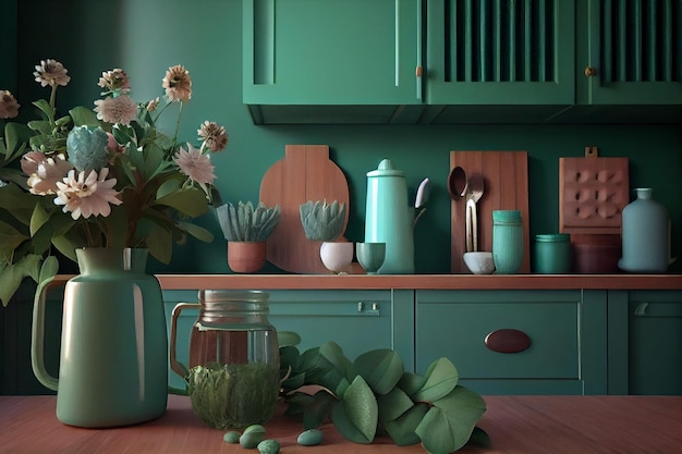 Interior da cozinha verde com móveis generativos ai