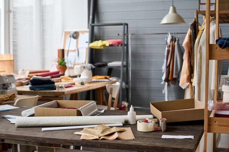 Interior da espaçosa oficina moderna de alfaiate ou designer de moda criativo