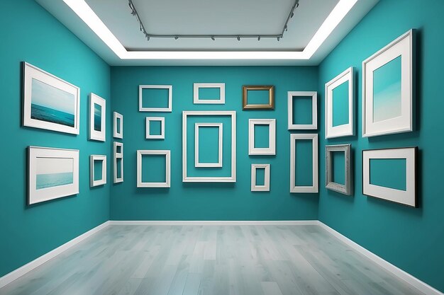 Foto interior da galeria com quadros vazios na parede aqua