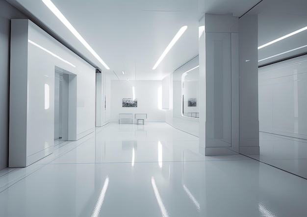 Interior da galeria de arte Lindas paredes brancas modernas e lustrosas e piso interior Generative Ai