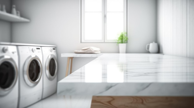 Interior da lavanderia com piso de mármore branco e máquina de lavar