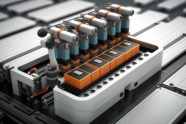 Interior da linha de montagem de robôs de fábrica industrial com módulo de células de bateria de carro elétrico na plataforma Generative AI