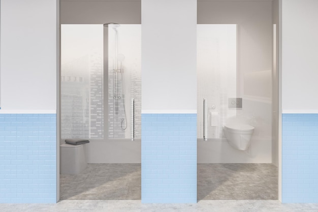 Interior da moderna casa de banho com paredes de tijolos brancos e azuis, chuveiro com porta de vidro e WC à direita. renderização 3D