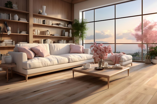 Interior da moderna sala de estar com piso de madeira e vista panorâmica da janela