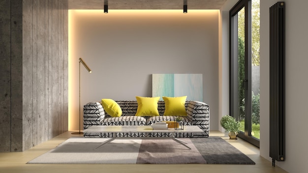 Interior da moderna sala de estar com renderização em 3D do sofá