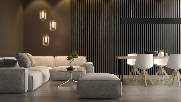 Interior da moderna sala de estar com sofá renderização 3D