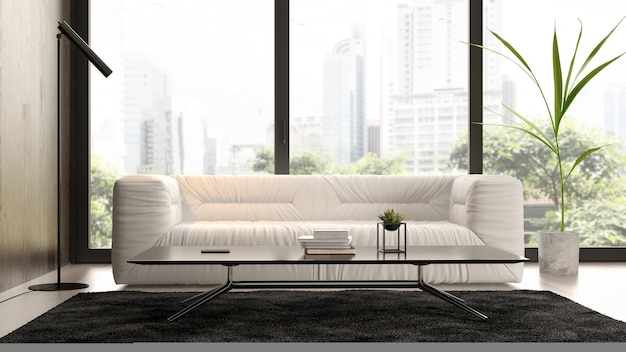 Interior da moderna sala de estar com sofá renderização 3D