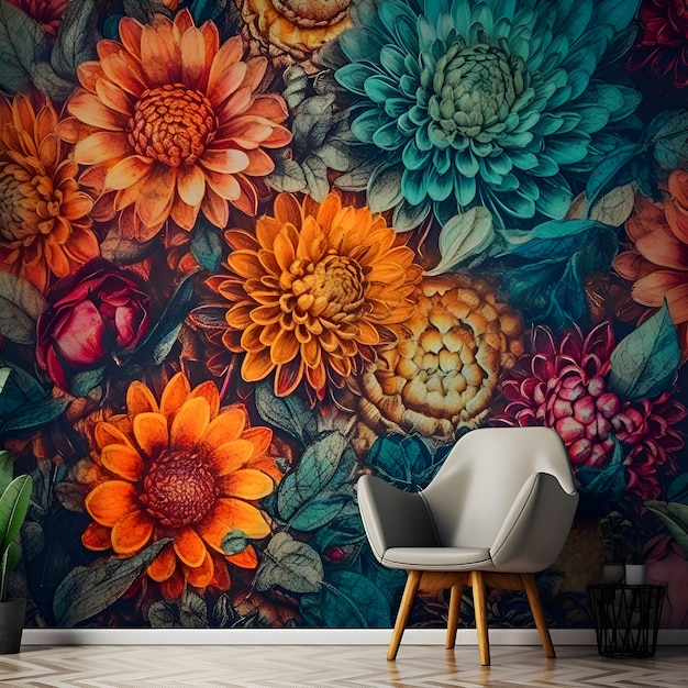 Interior da moderna sala de estar decorada com renderização em 3d de flores