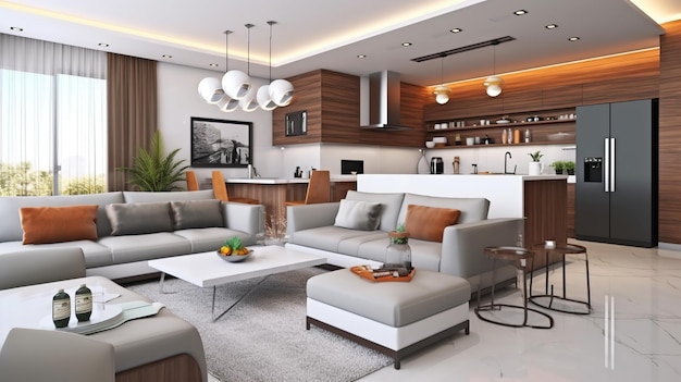 Interior da moderna sala de estar e cozinha com sofá confortável e mesa de centro Ai Generated