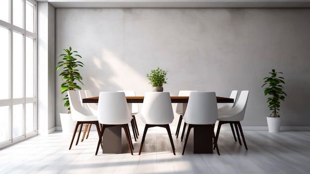 Interior da moderna sala de jantar com plantas em estilo minimalista