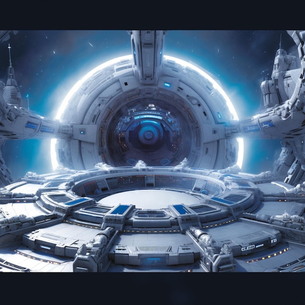 Interior da nave espacial com uma vista da Terra e uma estação espacial generativa ai