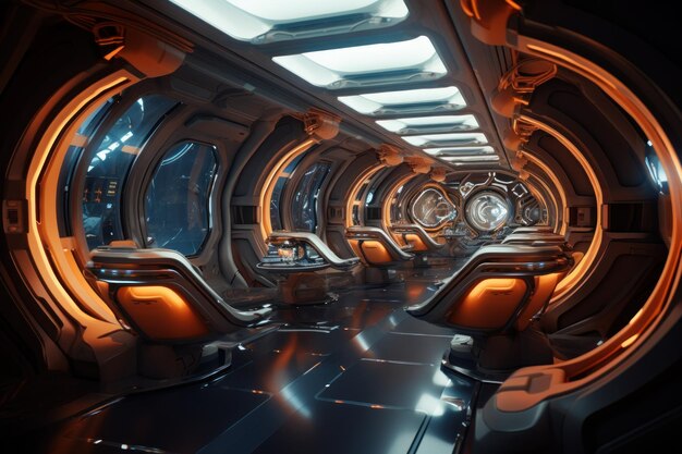 Interior da nave espacial em estilo futurista de design de cor laranja