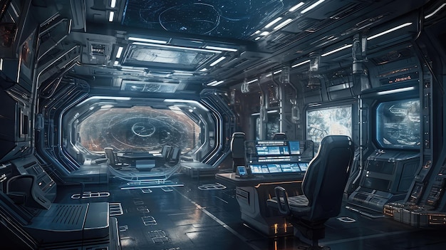 Interior da nave espacial Grunge com renderização 3D de fundo preto Criado com IA generativa