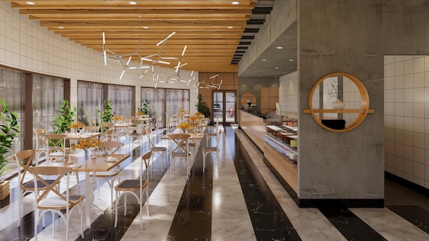 interior da padaria do restaurante e cafeteria em estilo arquitetônico industrial renderização em 3D