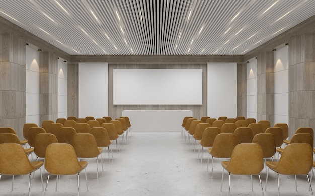 Interior da sala de auditório vazio com renderização em 3d de tela