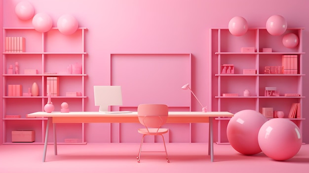 Interior da sala de aula barbie rosa com paredes rosa cadeiras rosa e mesas redondas renderização 3d simulada