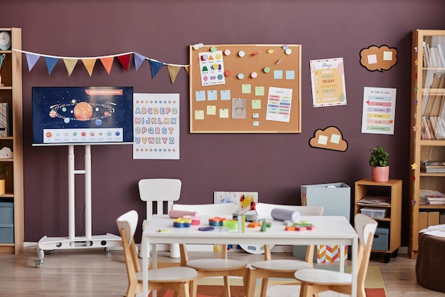 Interior da sala de aula espaçosa para crianças de creche com mesa cercada por cadeiras no centro e