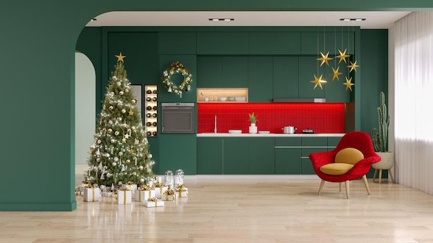 Foto interior da sala de cozinha e natal ano novo fundo parede verde e branca renderização 3d