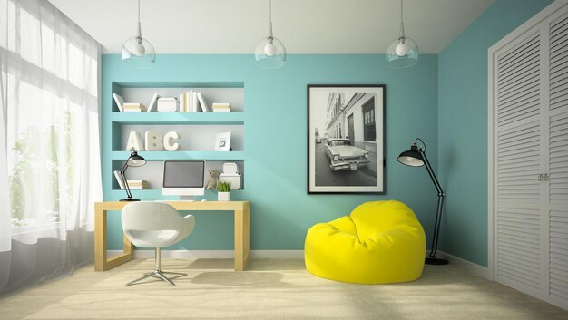 Interior da sala de design moderno com renderização em 3D amarelo beanbag