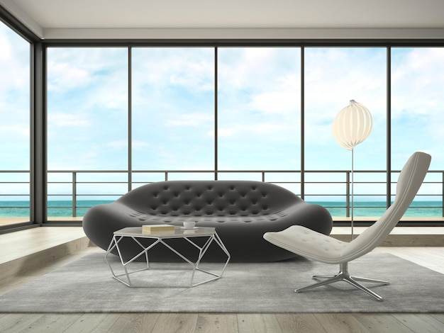 Interior da sala de design moderno com renderização em 3D com vista para o mar