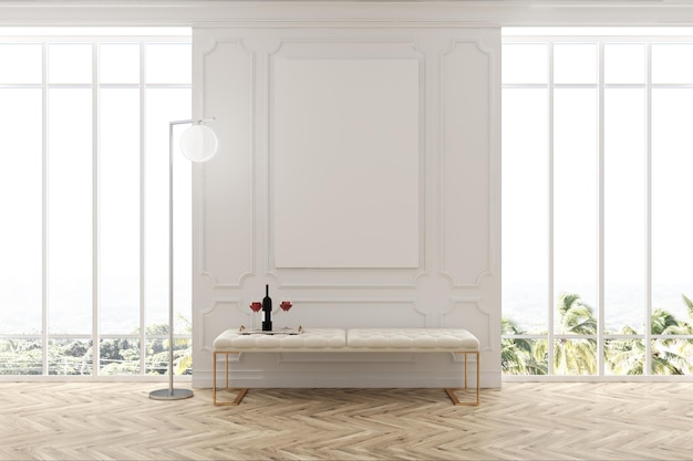 Interior da sala de espera branca com piso de madeira, duas grandes janelas com um pôster entre elas e um banco branco. simulação de renderização 3D