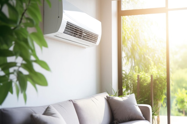 Interior da sala de estar com ar condicionado Ajustando a temperatura de conforto em casa no verão quente refrigerando o ar na sala