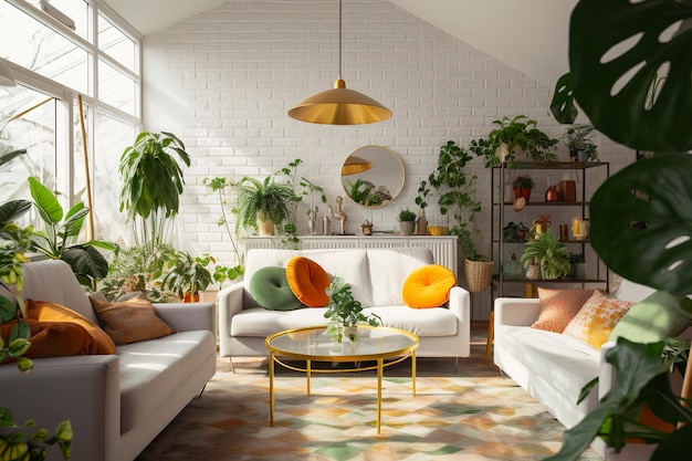 Interior da sala de estar com mesas de sofás e plantas de casa