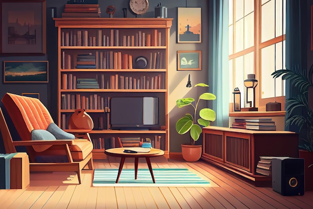 Interior da sala de estar com móveis de madeira e livros Generative Ai