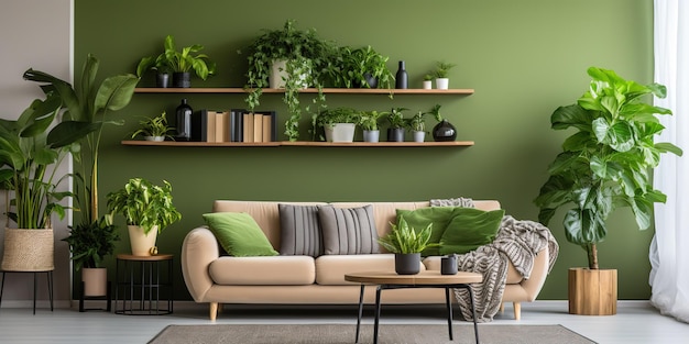 Interior da sala de estar com plantas de casa verdes e sofás