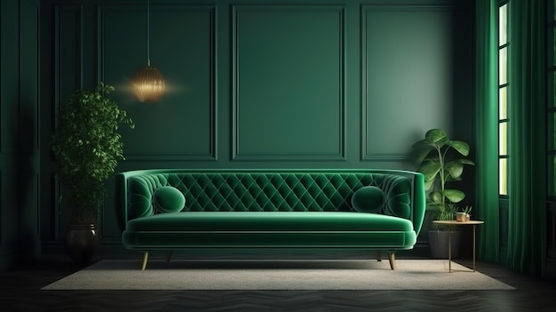 Interior da sala de estar com sofá verde renderização 3d cor brilhante Generative Ai