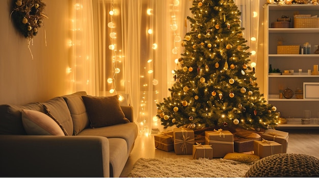 Interior da sala de estar com sofás de árvore de Natal e luzes brilhantes Generative Ai