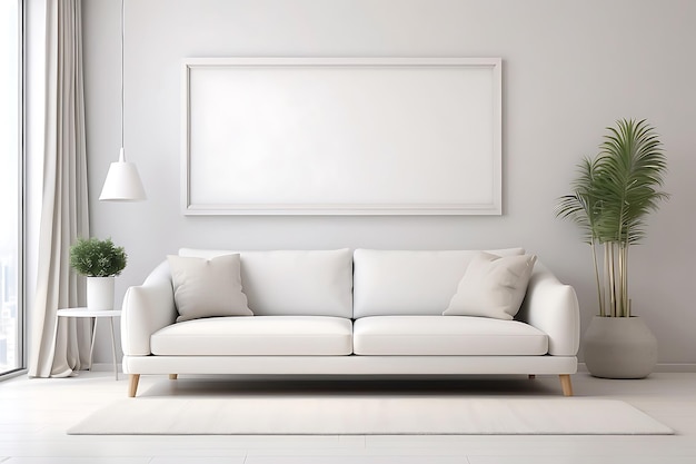 Interior da sala de estar com um sofá branco, uma mesa de café e um cartaz em branco na parede