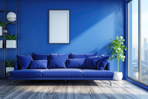 Interior da sala de estar com vista para a cidade design moderno com espaço de cópia e conforto de luxo